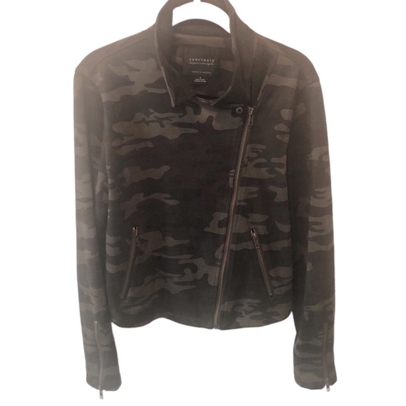 Sanctuary Faux Suede Camo Moto Jacket Full Zip Pockets Green Black Soft and Cozy - Picture 5 of 10
